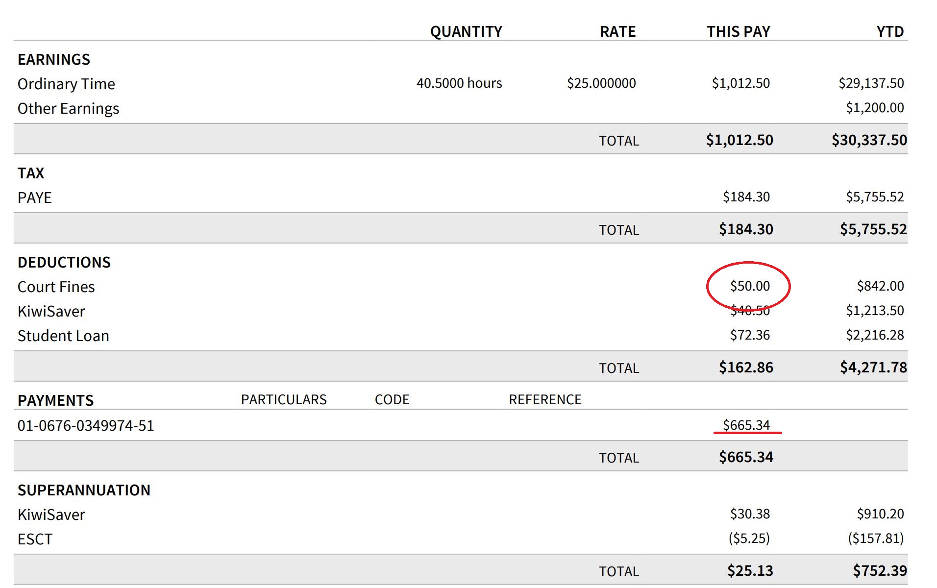 Xero Payroll Payslip Showing Court Fine as a Statutory Deduction