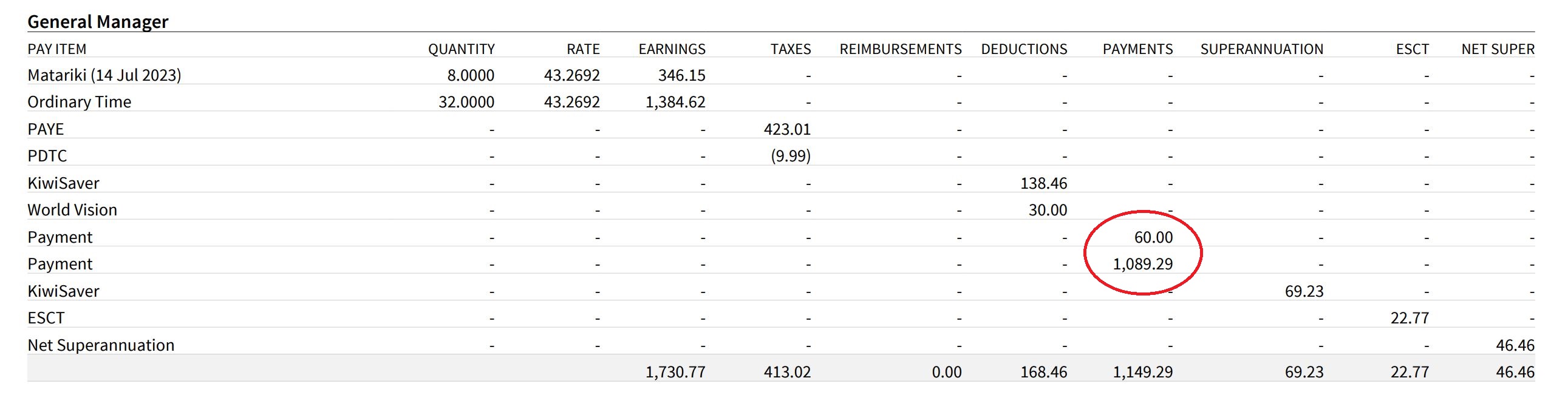 Court Fine showing in Pay Summary Report